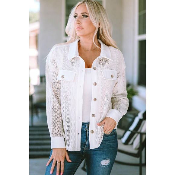 Azura Exchange  Beige Lace See-through Button Collared Shacket - Picture 12 of 15